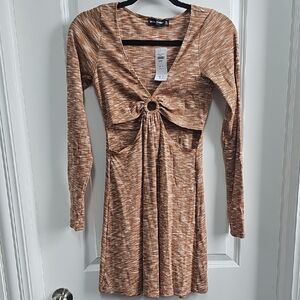 Tan Fit and Flare Long Sleeve Dress with Plunge Neckline